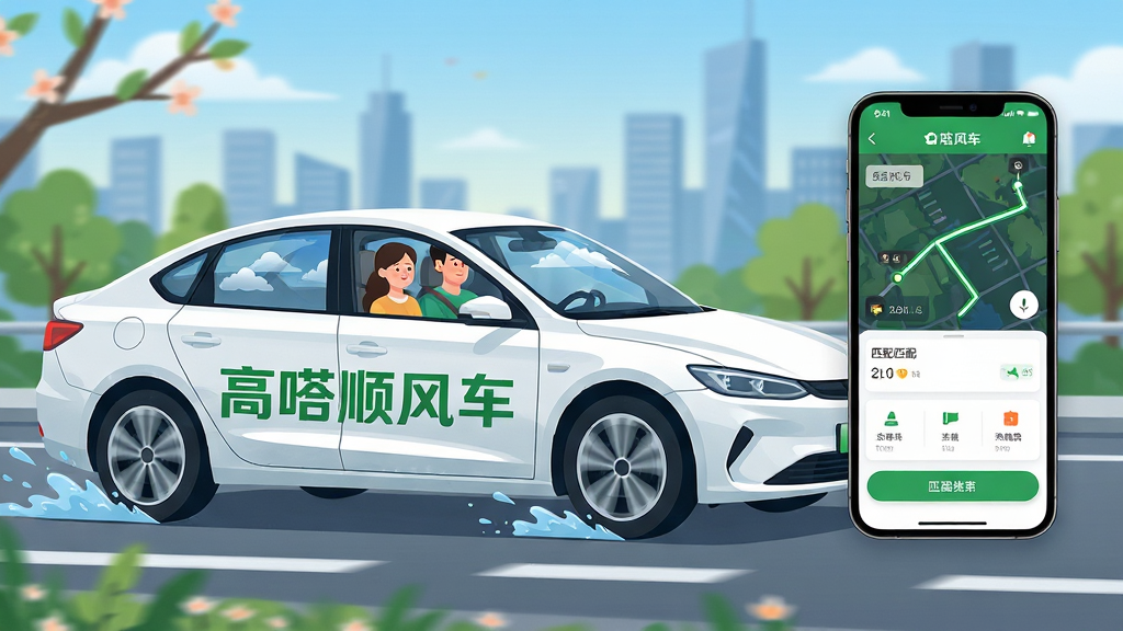 主体:一辆现代感十足的白色轿车行驶在春日城市道路上,车身上印有“高嗒顺风车”绿色标识,车内副驾驶坐着一位微笑的乘客,车主正专注驾驶;布局:画面左侧为车辆行驶动态,右侧留白并配有手机App界面悬浮窗,展示路线与匹配信息;排版:主次分明,车辆作为视觉中心,App界面作为功能点缀,背景为虚化的城市天际线;风格:清新自然,色彩明亮,偏向扁平化插画与写实结合,绿色主色调呼应环保主题;细节:车窗反射出蓝天白云,轮胎带起少量水花,路面干净整洁;画质:8K超清,细节丰富,干净,无多余元素。