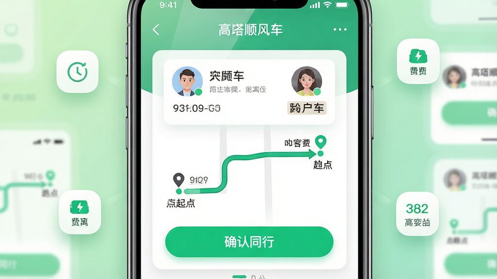 主体:智能手机屏幕放大展示“高嗒顺风车”App的匹配成功界面,上方显示车主与乘客的头像、车型与车牌号,中间是绿色路线图,两端标注起点与终点,下方为“确认同行”按钮;布局:手机居中,背景为柔和的浅绿色渐变,四周有浮动的小图标如时间、距离、费用等;排版:界面卡片式设计,信息层次分明,按钮高亮,引导清晰;风格:现代简约,UI设计感强,色彩清新,符合出行类应用气质;细节:屏幕反射出轻微光泽,背景中隐约可见其他匹配卡片,突出主界面的清晰度;画质:高分辨率,屏幕内容锐利,干净,无多余元素。