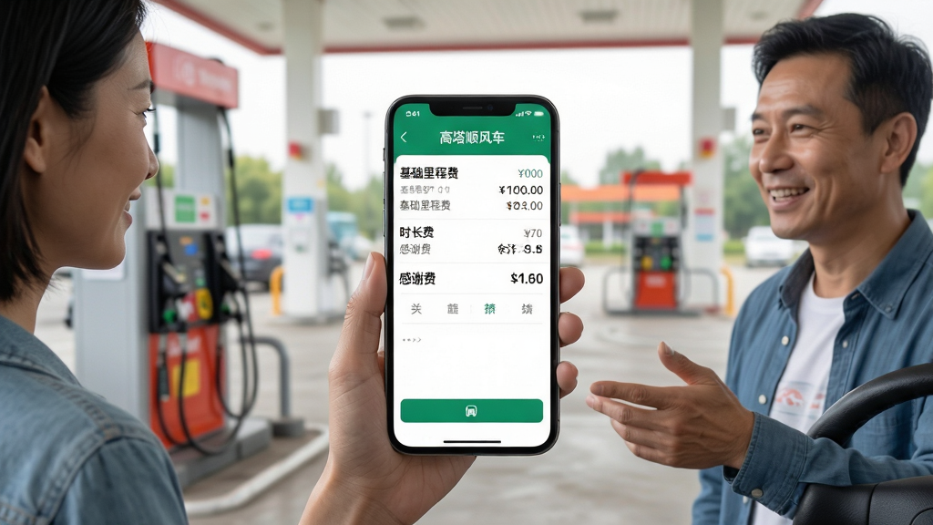 主体:一名乘客手持手机查看“高嗒顺风车”App的费用明细页面,旁边站着一位车主正在微笑解释;背景为整洁的加油站或服务区;布局:双人互动居中,手机屏幕特写展示费用列表,包括基础里程费、时长费、感谢费与合计金额;排版:人物位于左右两侧,中间留白突出手机界面,画面平衡稳重;风格:写实摄影风,光线柔和,色彩自然,突出信任与透明的氛围;细节:手机屏幕内容清晰可辨,人物衣着休闲,背景虚化处理;画质:超清画质,皮肤质感真实,干净,无多余元素。