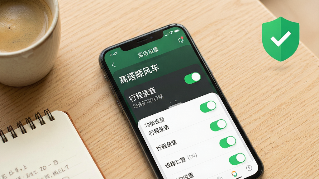 主体:一部手机平放在桌面上,屏幕显示“高嗒顺风车”App的行程录音设置界面,旁边有一杯咖啡和记事本;布局:手机居中,右上角有绿色安全盾牌图标,下方为功能开关列表;排版:简洁明快,突出安全设置选项,背景为浅木色桌子;风格:写实生活感,暖色调,突出实用与贴心;细节:屏幕中“行程录音”开关为打开状态,并标注“已保护5次行程”;画质:高清,细节自然,干净,无多余元素。