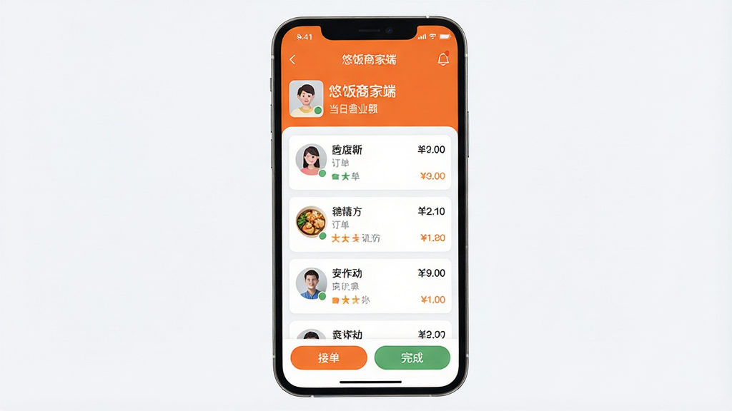 ����Ϊһ�������ֻ���Ļռ�ݻ������룬��Ļ������չʾ���Ʒ��̼Ҷˡ��Ķ����������棬�Ϸ���ʾ�������ƺ͵���Ӫҵ��м����������еĶ�����Ƭ�������˿�ͷ�񡢲�Ʒ���ƺͽ��ײ����С��ӵ�������ɡ���ť�����岼�ֱ�ƽ�����Գ�ɫ�Ͱ�ɫΪ��ɫ����UI����ִ���࣬����Ԫ�ض��빤��������ɾ�������ϸ�ڷḻ���߻��ʣ��޶���Ԫ�ء�