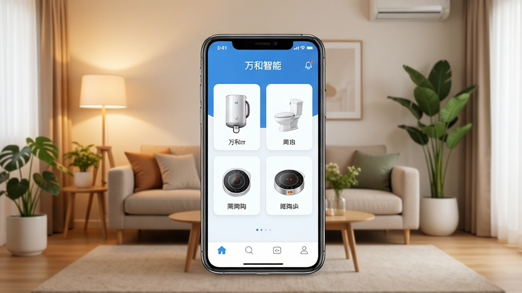 一张现代简约风格的客厅场景,中央摆放着一台大屏幕智能手机,手机屏幕清晰显示“万和智能”App的主界面,界面中有热水器、马桶、电陶炉等设备图标。背景是温馨的居家环境,暖色调灯光,沙发和绿植点缀。整体画面明亮通透,构图平衡,采用写实风格,细节丰富,画质高清,干净整洁,无多余元素。