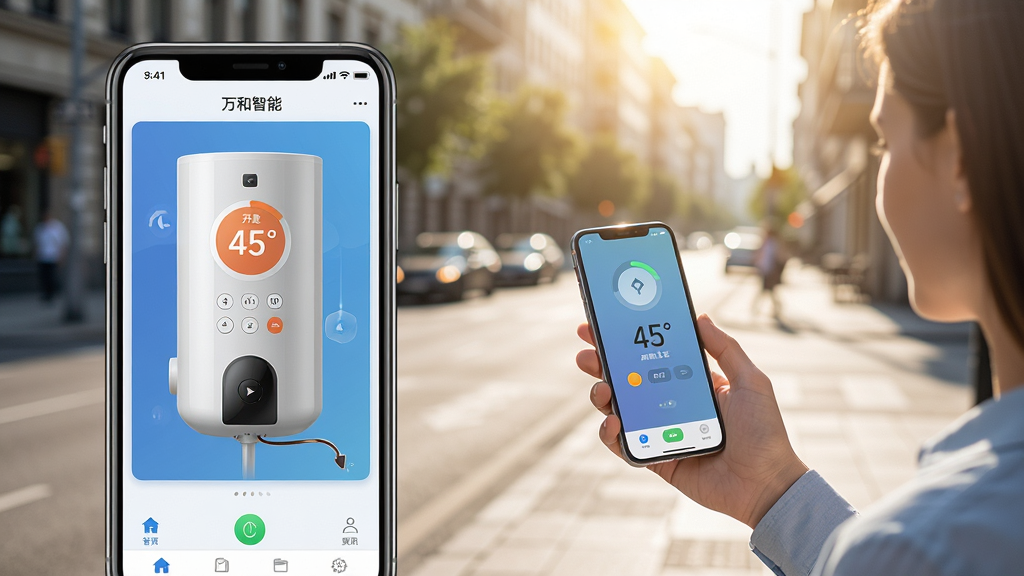 一张展示远程控制场景的图片,画面左侧是“万和智能”App的远程控制面板,显示热水器已开启,水温设定为45度,右侧是用户在户外通过手机查看状态的场景。背景是城市街道,阳光明媚。构图清晰,风格写实,科技感十足,画质高清,干净无多余元素。