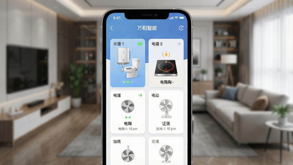 一张俯视视角的智能家居控制界面截图,画面中心是“万和智能”App的设备列表页面,上面整齐排列着热水器、马桶、电陶炉、风扇等设备卡片,每个卡片都有对应的状态图标。背景为模糊的现代客厅环境,体现科技感。排版清晰,界面UI设计精致,风格简约,细节丰富,画质高清,干净无多余元素。