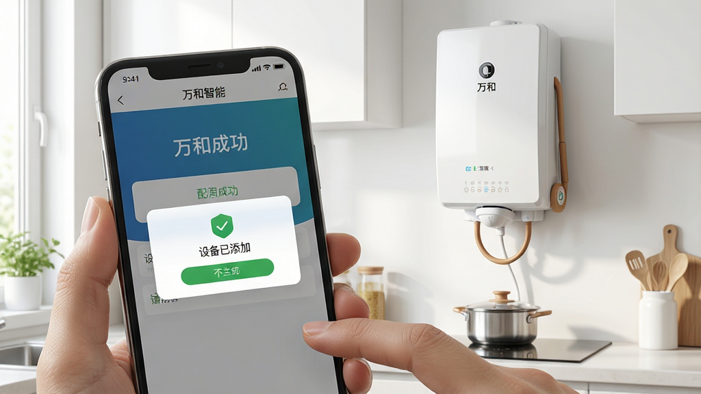 一张展示用户正在使用“万和智能”App配置设备的场景,画面近景为手机屏幕,显示配网成功界面,有“设备已添加”的弹窗。背景是明亮的厨房,有万和热水器挂在墙上。构图清晰,风格写实,细节丰富,画质高清,干净无多余元素。