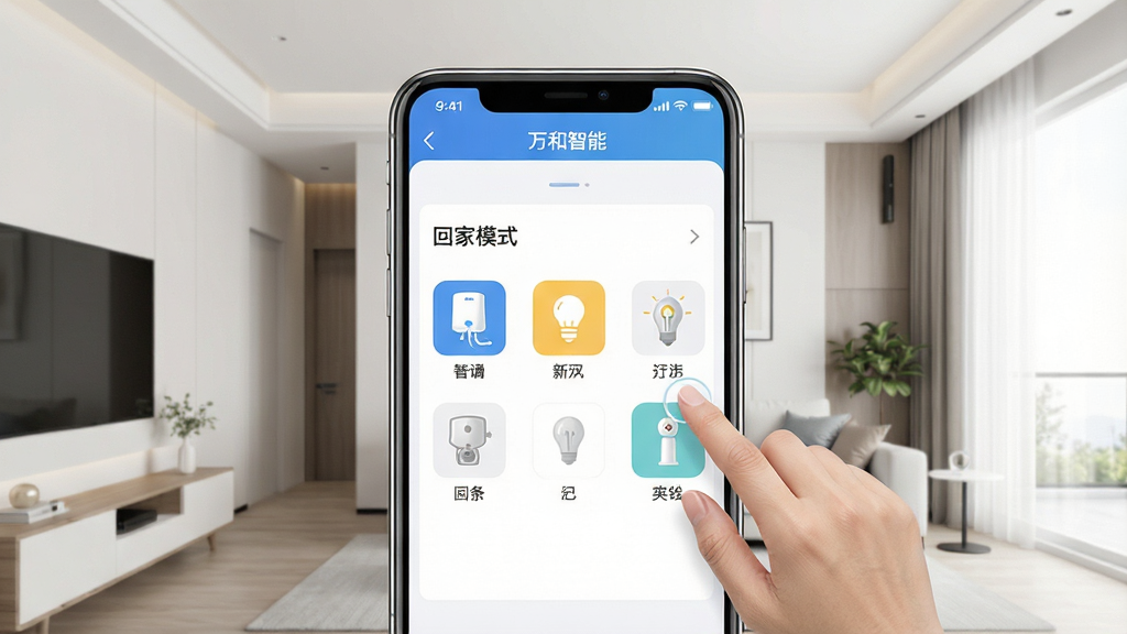 一张展示场景模式设置的界面截图,画面中央是“万和智能”App的场景编辑页面,用户正在拖动图标创建“回家模式”,包含热水器、灯光等设备。背景为简约的室内设计,明亮整洁。界面风格清新,排版合理,细节清晰,画质高清,干净无多余元素。