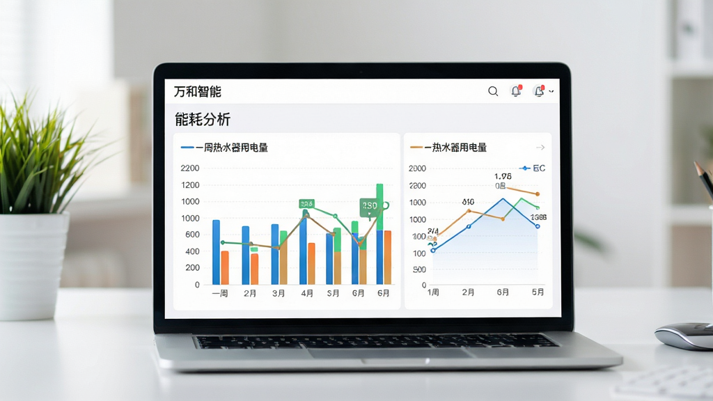 一张展示能耗统计的图表页面,画面主体是“万和智能”App的能耗分析界面,以柱状图和折线图展示一周的热水器用电量。背景为简洁的办公桌,有笔记本电脑和绿植。图表色彩鲜明,数据清晰,风格商务简约,画质高清,干净无多余元素。