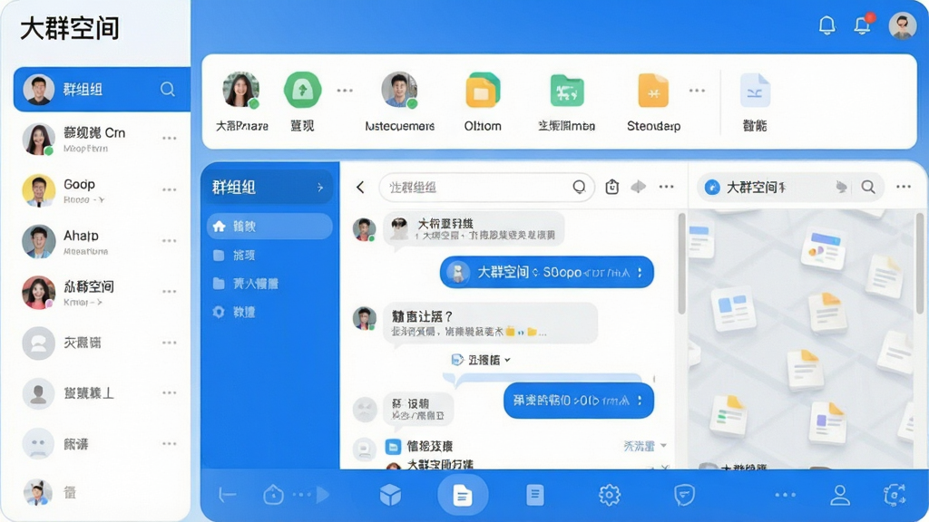 一张展示“大群空间”软件主界面的高清截图,界面布局清晰,上方为群组列表,中间为聊天与文件混合展示区,底部为功能导航栏,整体风格简洁现代,以蓝白色调为主,图标圆润,文字清晰,画质干净,无多余元素。