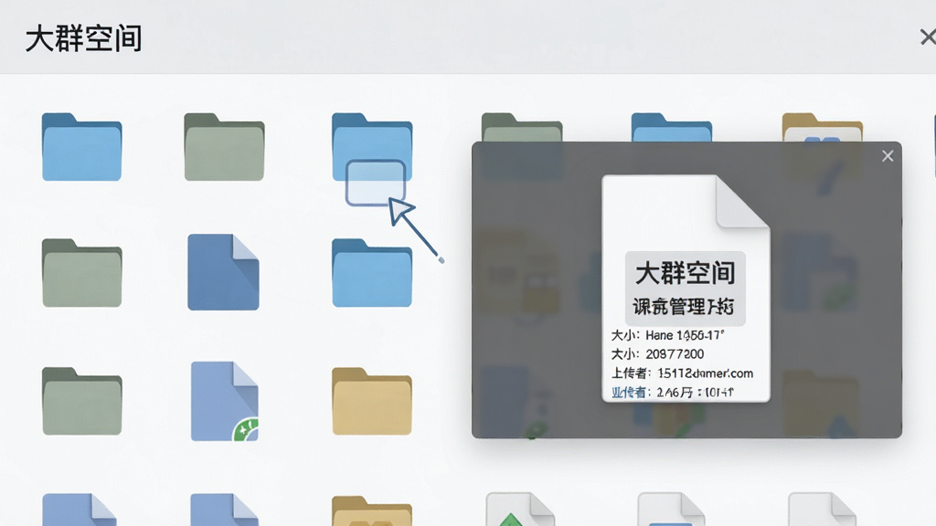 一张展示“大群空间”文件管理功能的图片,界面中显示多个文件夹和文件图标,点击一个文件后弹出预览窗口,展示文件名称、大小、上传者信息,背景为浅灰色,界面简洁,图标清晰,画质干净,无多余元素。