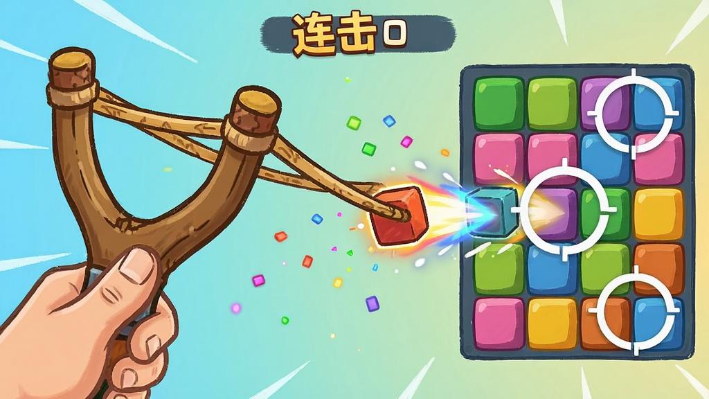 主体:游戏内瞄准射击画面,手指拖动弹弓发射彩色方块。布局:左侧为弹弓,右侧为待消除方块群,上方显示连击数。排版:动感十足,粒子特效丰富。风格:卡通手绘风,色彩鲜艳。细节:弹弓皮筋拉伸状态清晰,发射出去的方块带有拖尾光影,目标方块周围有白色瞄准环。画质:流畅,干净,无多余元素。