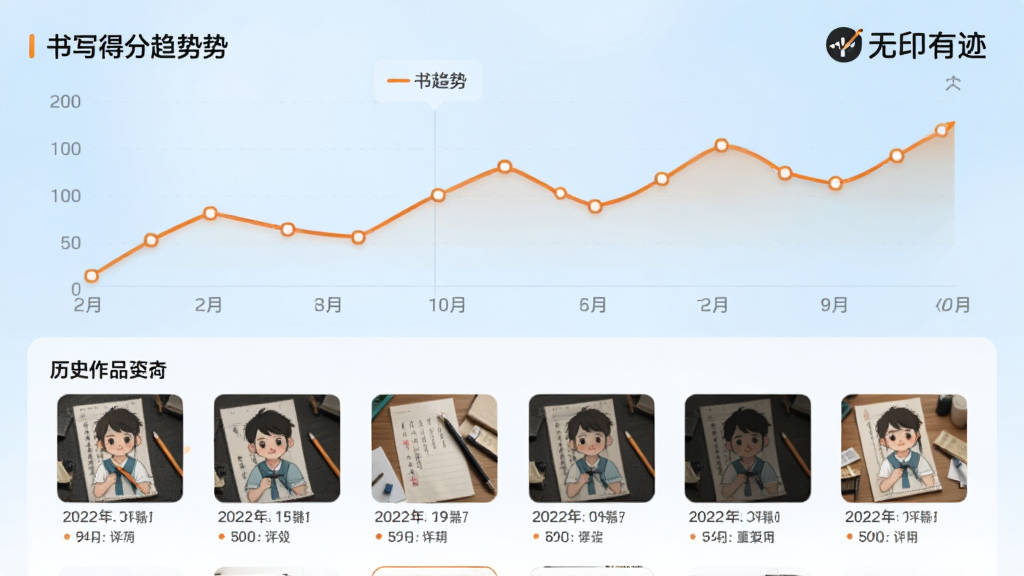 ���壺��ӡ�м�APP��ѧϰ�켣��¼ҳ�档���֣��ϰ벿��Ϊ����ͼչʾ��д�÷����ƣ��°벿��Ϊ��ʷ��Ʒ����ͼ���Ű棺���ݿ��ӻ���ͼ��ռ��Ҫ���򡣷�񣺿Ƽ���������н�ϣ�����Ϊǳ��ɫ��ͼ������Ϊ��ɫ��ϸ�ڣ�����ͼ�·���ע���ں����֣����Ͻ��С���ӡ�м���Logo�����ʣ����壬�ɾ����޶���Ԫ�ء�