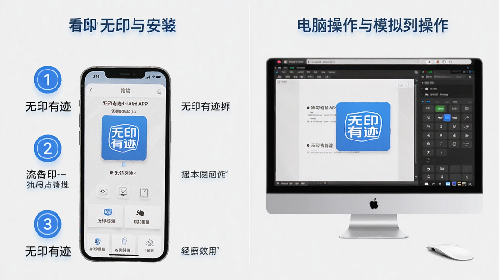 ���壺��ӡ�м�APP��װ��ʹ�ý̳�ͼʾ�����֣����Ϊ�ֻ���װ���裬�Ҳ�Ϊ����ģ�����������Ű棺�ֲ�ͼ�⣬ÿ���������˵�������ʵ�ý̷̳磬����Ϊǳ��ɫ��ͼ��Ϊ��ɫ��ϸ�ڣ�ͻ������ӡ�м���Logo�����������ԲȦ��ע�����ʣ����壬�ɾ����޶���Ԫ�ء�