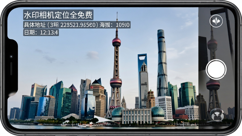水印相机定位全免费的功能预览图,展示一张带有详细水印的照片,水印内容包含“水印相机定位全免费”字样、具体地址、经纬度、海拔、日期时间,照片背景为城市地标建筑,布局清晰,风格写实,画质高清,干净无多余元素