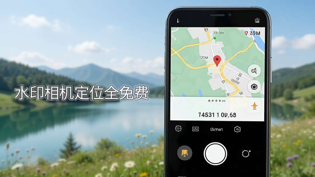 一部智能手机屏幕展示水印相机定位全免费的主界面,界面简洁明亮,上方显示实时定位地图与坐标,下方为拍照按钮,左侧有“水印相机定位全免费”字样水印,背景为户外自然风光,整体风格清新专业,画质干净,无多余元素