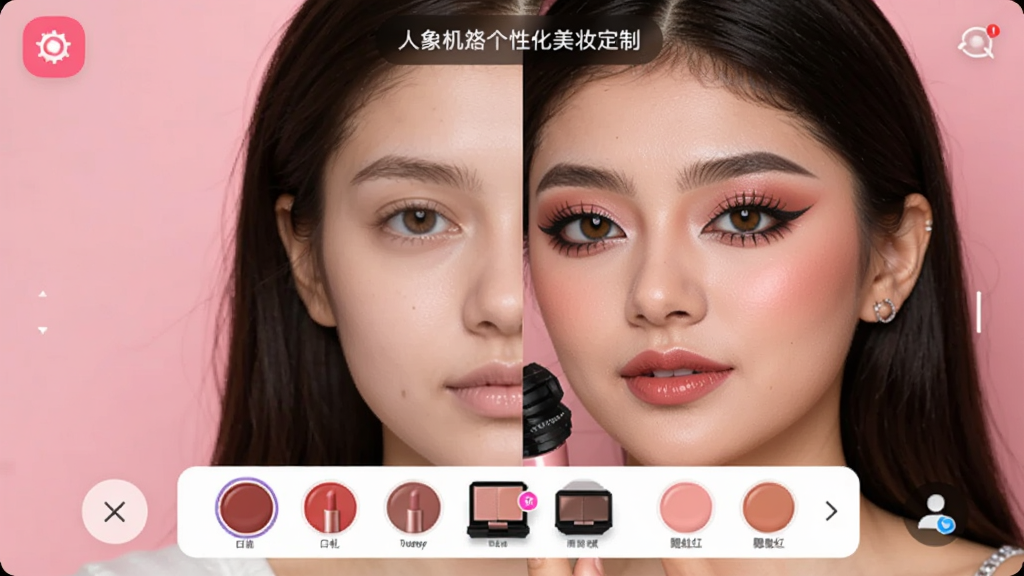 人像相机App个性化美妆定制界面,屏幕中展示一个女性用户的半脸对比图,左边素颜,右边带精致妆容,下方有口红、眼影、腮红的色号选择区域,界面设计美观,色彩鲜艳,高清画质,无多余元素