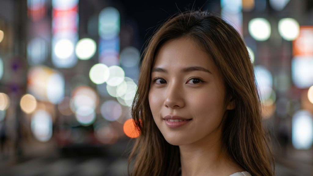 人像相机App专业级虚化算法功能图,一张人像照片背景为夜晚的城市霓虹灯光斑,人物主体清晰锐利,发丝边缘与背景分离自然,光斑呈现圆形,画面唯美,高清画质,无多余元素