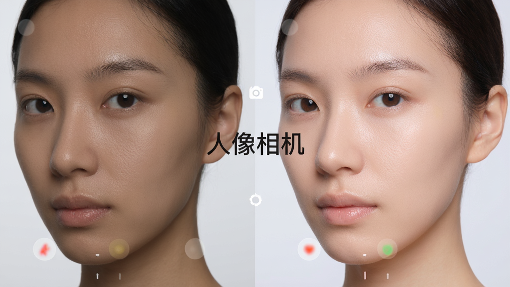 人像相机App的智能肤质重塑功能演示图,画面左侧为原始皮肤状态,右侧为优化后的效果,皮肤细腻光滑,保留细节纹理。背景为浅灰色渐变,中央显示“人像相机”字样,画面简洁专业,高清画质,无多余元素