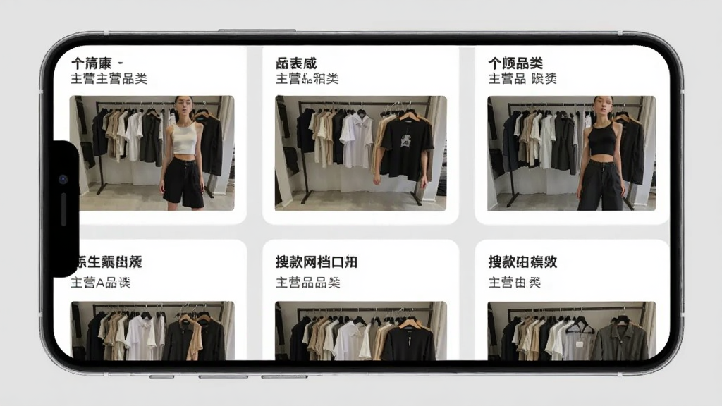 展示搜款网档口列表页面,手机屏幕上显示多个服装档口卡片,每个卡片包含档口名称、主营品类和实拍图,背景为浅灰色,布局整齐,风格写实,画质清晰,干净无多余元素。