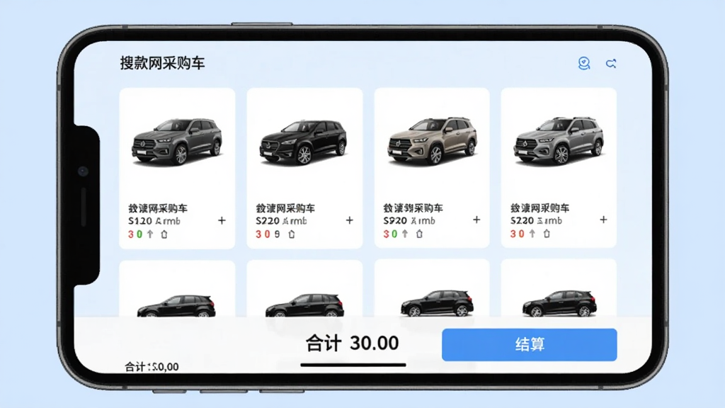 展示搜款网采购车界面,手机屏幕显示多件商品排列,底部有合计金额和结算按钮,背景为浅蓝色,布局清晰,风格商务,画质干净,无多余元素。