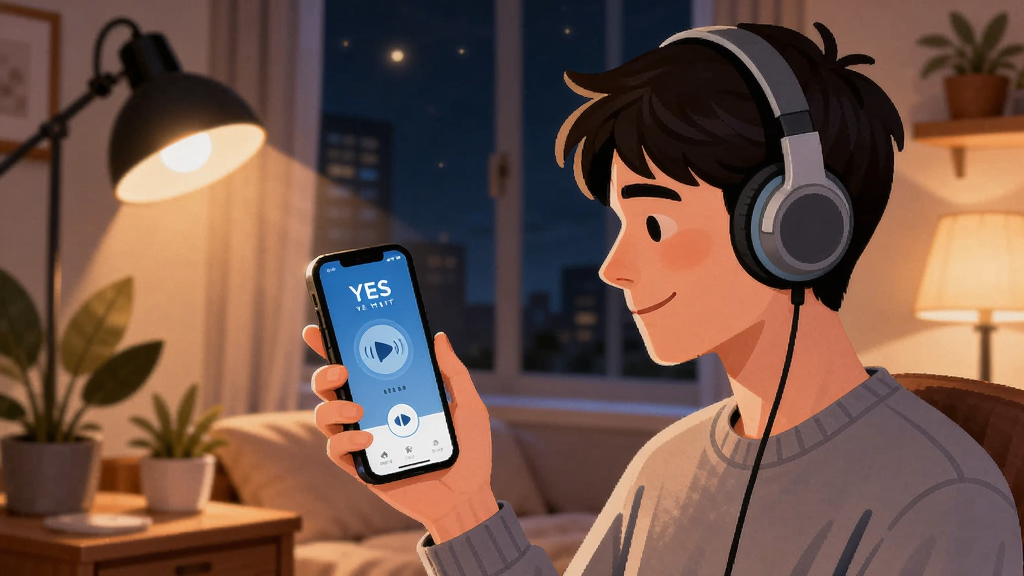 展示YES语音使用场景的插画,画面中一位年轻男性在夜晚的房间内戴着耳机使用手机,手机屏幕亮着YES语音的界面,周围有温馨的灯光和绿植,整体风格舒适自然,细节丰富,画质高清,干净无多余元素