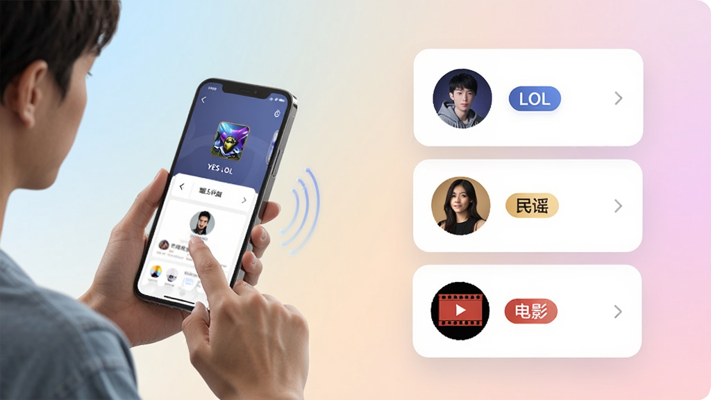 展示YES语音智能匹配功能的示意图,画面左侧为一位用户正在滑动手机屏幕,右侧以卡片形式展示多个匹配到的用户头像与共同兴趣标签,如“LOL”、“民谣”、“电影”,背景为柔和的渐变色,风格简约现代,画质干净,无多余元素