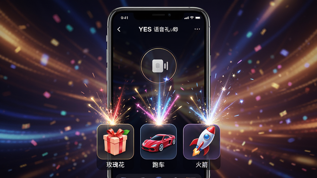 展示YES语音礼物系统的界面,手机屏幕中央显示一个语音房间,下方有多个礼物图标如“玫瑰花”、“跑车”、“火箭”,点击后屏幕出现炫酷的特效动画,背景为动态光影,整体风格华丽,细节丰富,画质清晰,无多余元素