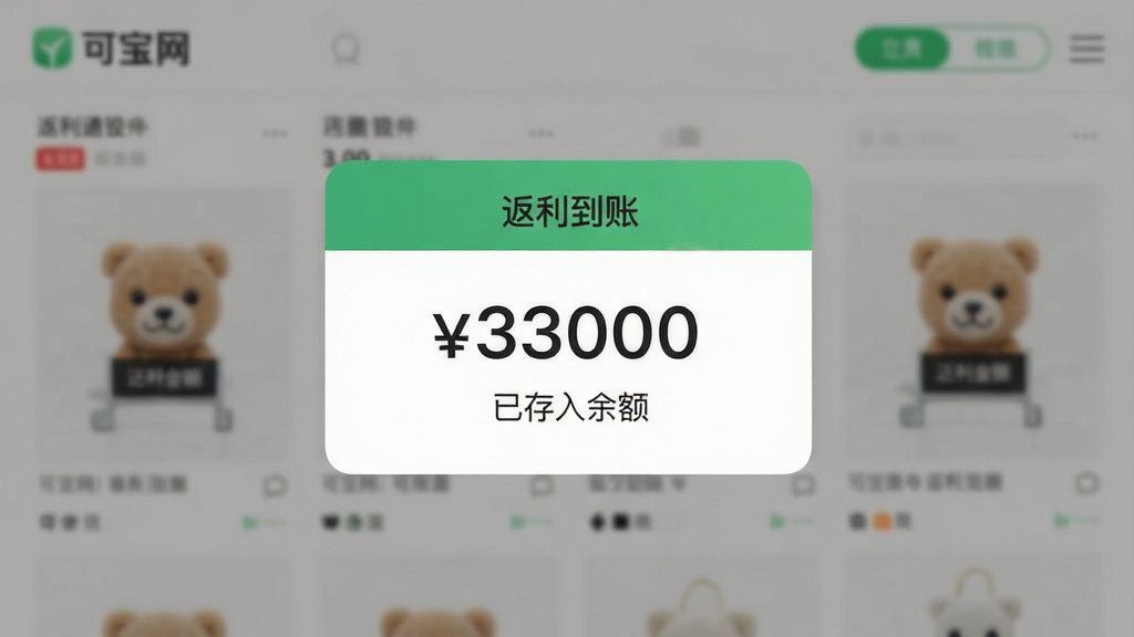 一张展示“可宝网”APP返利到账通知的手机截图,屏幕中央弹出“返利到账”的弹窗,弹窗内显示返利金额数字和“已存入余额”的文字,背景是模糊的购物页面,整体风格简洁直观,重点突出数字信息,画质清晰,排版干净