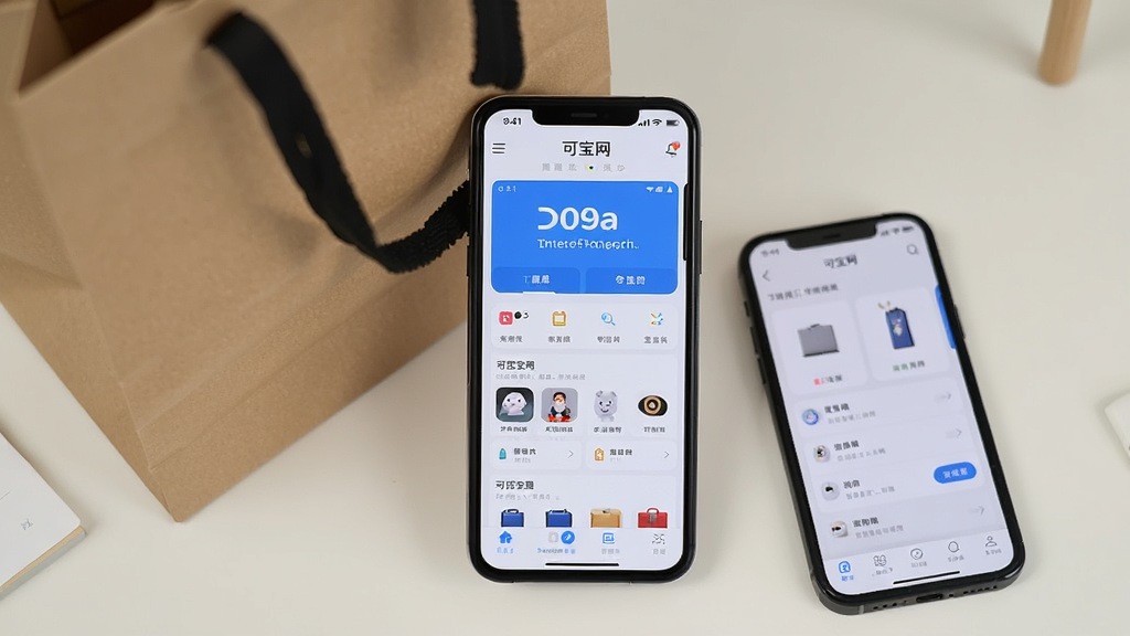 一张展示“可宝网”APP在手机上运行的实拍照片,手机屏幕显示APP主界面,旁边放着购物袋和手机,背景是简洁的桌面,整体风格生活化,画面干净,光线充足,突出APP的实际使用场景,画质高清