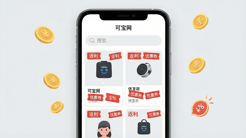 一张现代简约风格的手机应用界面预览图,手机屏幕占据画面中心,屏幕中清晰显示“可宝网”APP的主界面,上方是搜索栏,下方是瀑布流商品卡片,每张卡片上标有“返利”和“优惠券”红色标签,背景为浅灰色,加入少量金币和折扣图标点缀,整体布局清晰,排版干净,风格扁平化,画质高清细腻,无多余元素