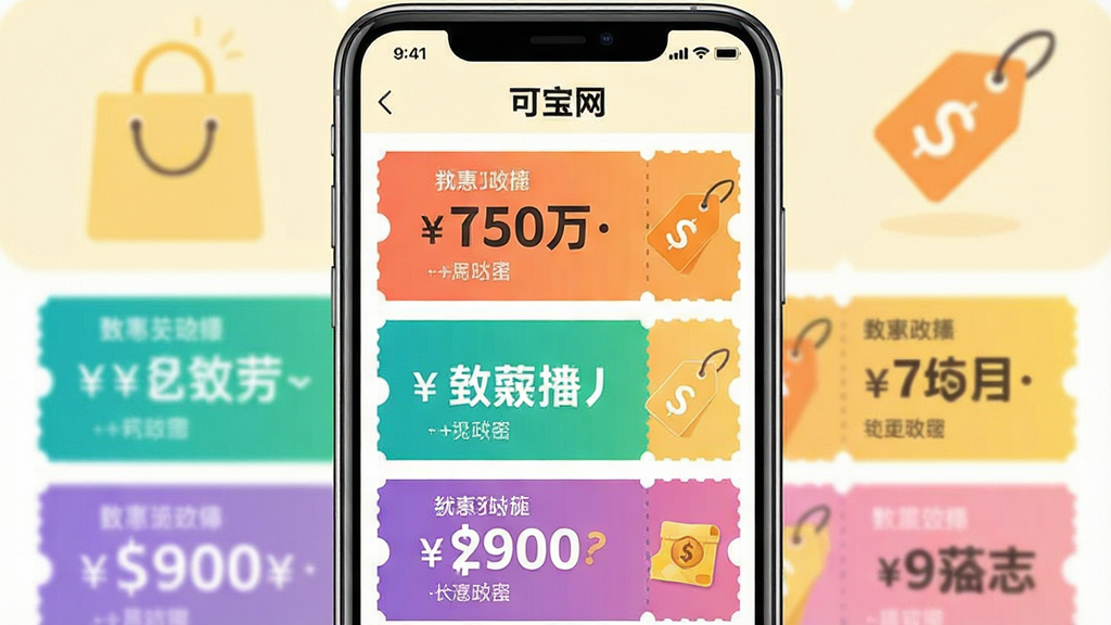 一张展示“可宝网”APP优惠券聚合功能的界面截图,画面中手机屏幕上排列着多张色彩鲜艳的优惠券卡片,每张券面金额用大号字体突出显示,背景是淡黄色的购物袋和价格标签图标,整体布局整齐有序,风格清新明亮,细节丰富,画质清晰干净