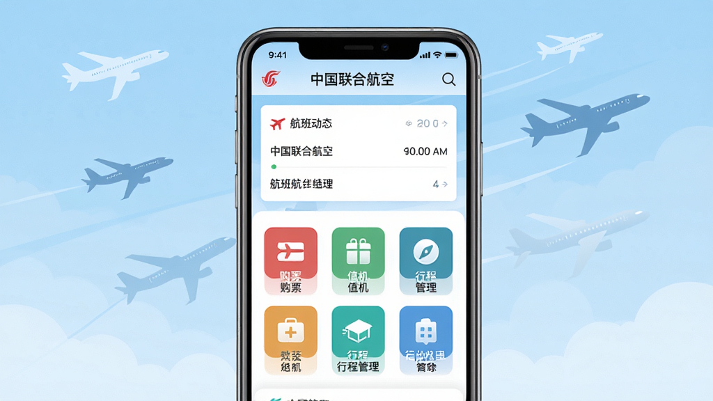 ��������չʾһ�������ֻ�����Ļ���ǡ��й����Ϻ��ա�App�������棬�Ϸ���ʾ���ද̬��Ϣ���м��й�Ʊ��ֵ�����г̹����Ȳ�ɫͼ�꣬����Ϊǳ��ɫ�����ɻ���Ӱ�����岼�ּ����ˬ������ִ���ƽ����ϸ�ڸ��壬���ʸɾ����޶���Ԫ��