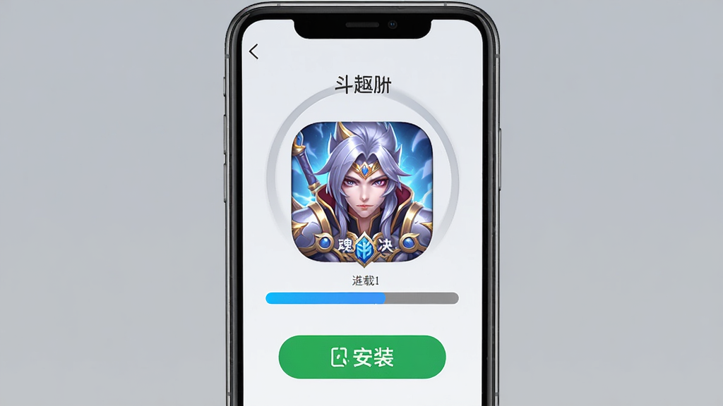 主体:斗罗大陆:魂师对决的游戏下载安装界面,展示手机或模拟器上的应用图标;布局:画面中央为游戏图标,周围环绕下载进度条和安装按钮;排版:以手机截图形式呈现;风格:简洁明了,突出实用性;细节:图标清晰,进度条明显,背景为纯色;画质:高清,干净,无多余元素