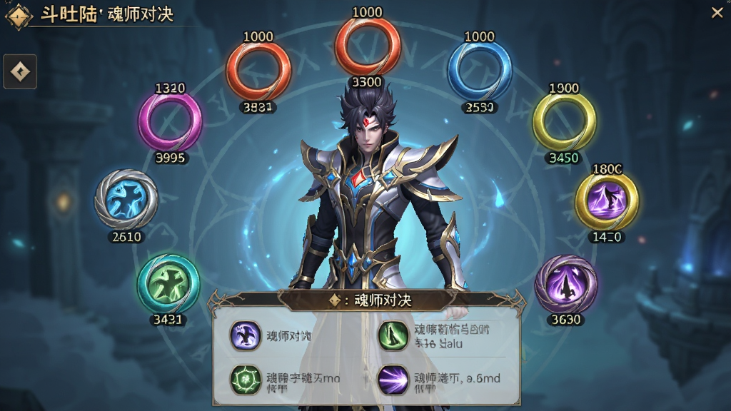 主体:斗罗大陆:魂师对决的魂环搭配界面,展示魂环属性和技能;布局:画面中央为魂师角色,周围环绕多个魂环图标,下方为魂环属性面板;排版:以UI界面截图形式展现;风格:简洁清晰,带有奇幻色彩;细节:魂环颜色和年份标注清晰,技能描述详细;画质:高清,干净,无多余元素