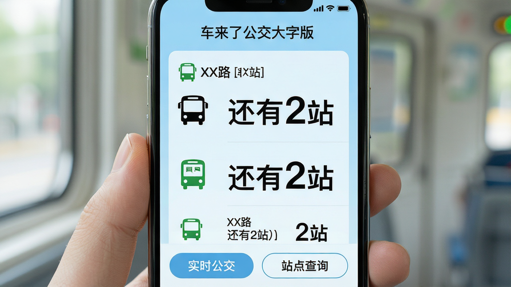 主体:一部智能手机屏幕显示车来了公交大字版应用界面,界面简洁,文字巨大清晰。布局:手机居中,屏幕内容特写,上方显示“车来了公交大字版”应用名称,中间是几路公交车的到站信息列表,数字和站名都非常大,背景为干净的浅蓝色。排版:画面干净,突出大字体和简洁图标,模拟真实使用场景。风格:写实风格,明亮清晰,色彩柔和,舒适护眼。细节:屏幕上有“XX路”公交车图标和“还有2站”等大号文字,界面底部有“实时公交”和“站点查询”按钮。画质:4k高清,干净,无多余元素。
