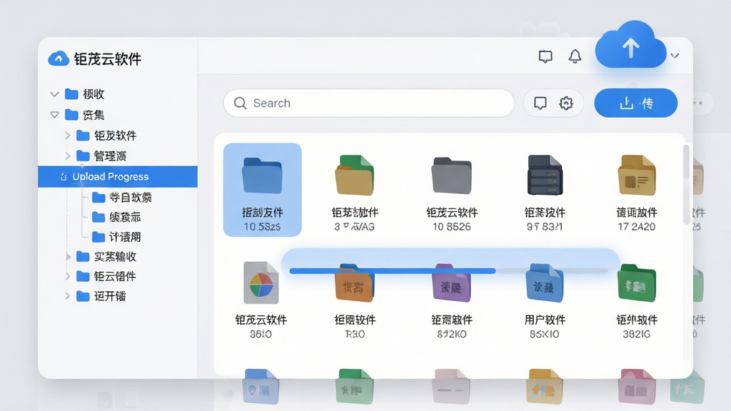 主体:钜茂云软件的多功能存储界面,一个整洁的文件管理面板,左侧为分类文件夹树状图,右侧显示文件列表缩略图,顶部有搜索栏和上传按钮。布局:左右结构,左侧窄、右侧宽,符合常规管理软件布局。排版:界面元素排列整齐,文件图标下方标注名称和大小,搜索栏居中。风格:现代化UI设计,圆角卡片式样,背景为浅灰色,主色调为蓝色。细节:高亮显示一个上传进度条,云端图标悬浮在背景上方,文件类型用不同颜色标识。画质:超清,界面清晰锐利,干净无多余元素。
