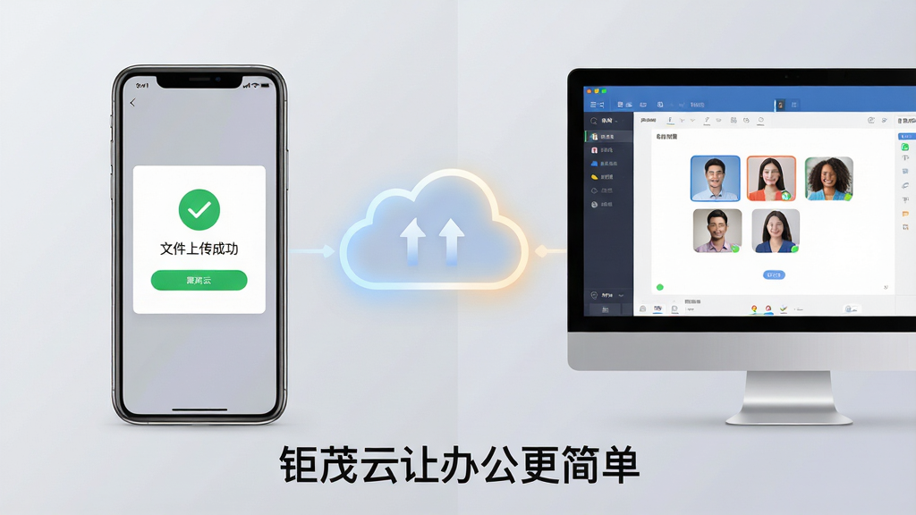 主体:钜茂云软件在手机和电脑上的使用场景,手机屏幕显示文件上传成功提示,电脑屏幕上显示协同编辑界面。布局:左右分屏构图,左侧为手机,右侧为电脑,中间用云朵图标连接。排版:设备摆放自然,屏幕内容清晰可见,下方有一行文字“钜茂云让办公更简单”。风格:写实结合扁平,背景为浅灰渐变,色调柔和。细节:手机屏幕上有绿色对勾,电脑屏幕显示多人协作头像,云朵带有发光边缘。画质:高清渲染,干净无多余元素。