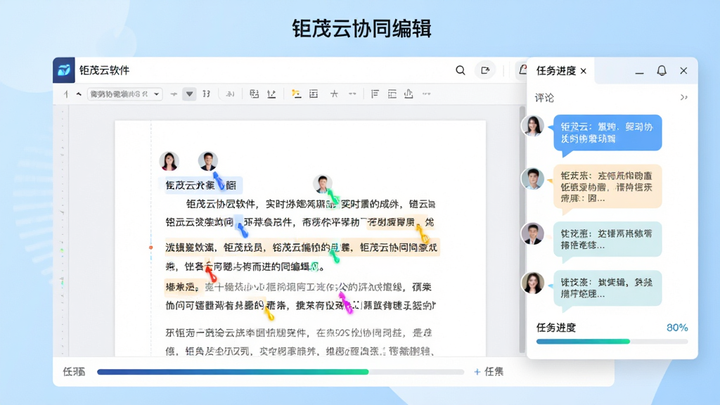 主体:钜茂云软件的实时协同编辑场景,一个文档编辑界面,多个不同颜色的光标在文字间移动,右侧有聊天评论浮动窗口。布局:中间为编辑区域,占据大部分画面,右侧悬浮讨论面板,底部有任务进度条。排版:文档内容清晰可读,光标颜色鲜艳,评论气泡排列整齐。风格:明亮清新的办公风格,背景为淡蓝色渐变,简洁流畅。细节:光标旁标注了成员头像,任务进度条显示百分比,顶部有“钜茂云协同编辑”字样。画质:高清,画面生动,干净无多余元素。