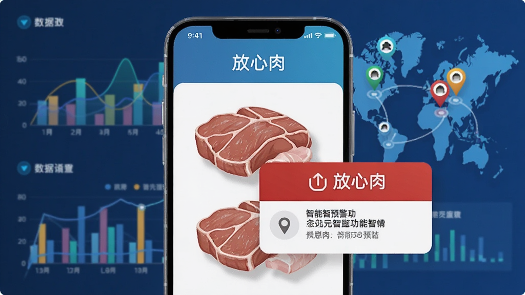 一幅描绘“放心肉”智能预警功能的插画,画面中央为放大的手机屏幕,屏幕上肉类商品旁弹出红色预警弹窗,背景为数据图表与地图标记,整体风格科技感强,色彩鲜明,细节丰富,画质干净