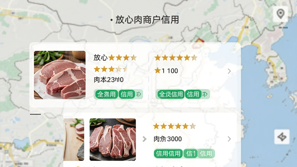 展示“放心肉”应用中的商户信用评分页面,页面列出几家肉类店铺,每家有星级评分与信用标签,背景为地图界面,风格清爽简约,布局合理,文字清晰标注“放心肉商户信用”,画质干净