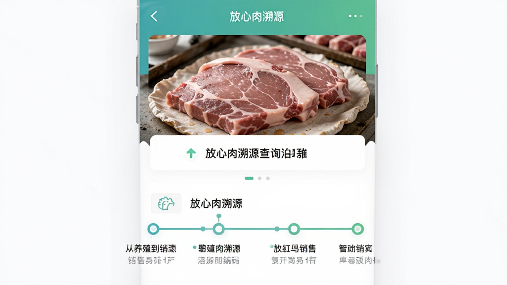 展示“放心肉”应用内溯源查询功能的界面截图,上方显示肉类产品图片与溯源编码,下方以时间线形式列出从养殖到销售的各环节节点,风格简洁现代,布局清晰,文字标注“放心肉溯源”,画质干净