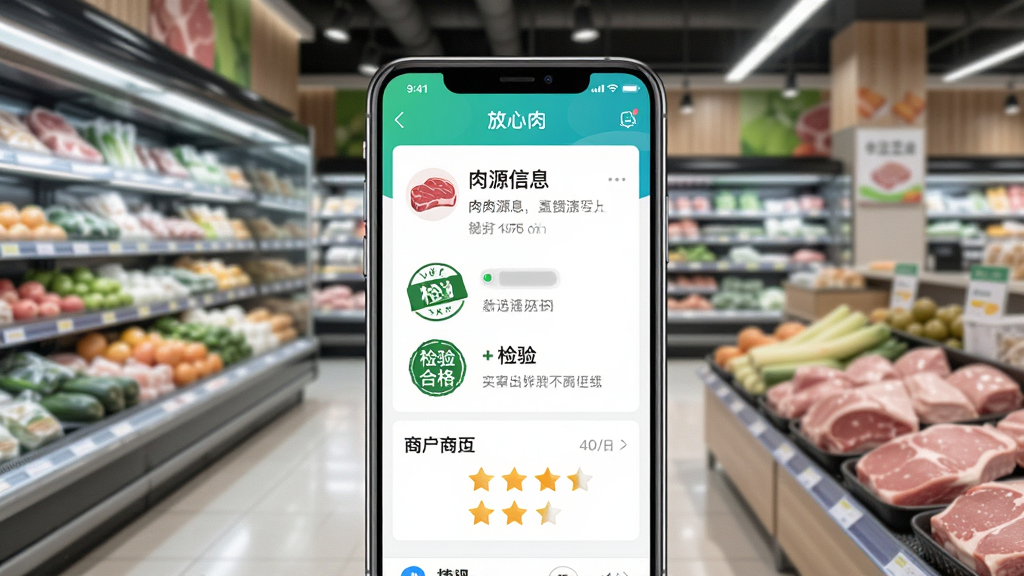 一张展示智能手机屏幕中“放心肉”应用界面的高清图片,界面显示肉类溯源信息、检验合格标志及商户评分,背景为整洁的超市生鲜区,布局居中,风格写实明亮,细节清晰,画质干净,无多余元素