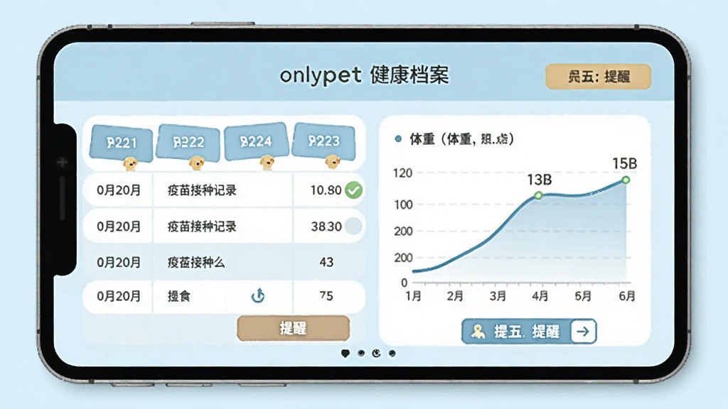 onlypet健康档案页面,屏幕上显示一只金毛犬的疫苗接种记录和体重曲线图,背景是简洁的浅蓝色医疗风格,布局以表格和图表为主,排版规整,采用插画风格,细节包括日期标签和提醒按钮,画质干净无多余元素