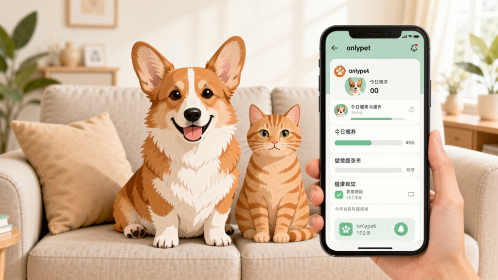 onlypet应用主界面展示,画面中央一只可爱的柯基犬和一只橘猫并排坐在沙发上,主人手持手机屏幕显示onlypet的今日喂养与健康概览卡片,背景是温馨明亮的客厅,布局以手机界面为主体,排版清晰,采用扁平化设计风格,细节包括宠物头像、进度条和提醒图标,画质高清,干净无多余元素