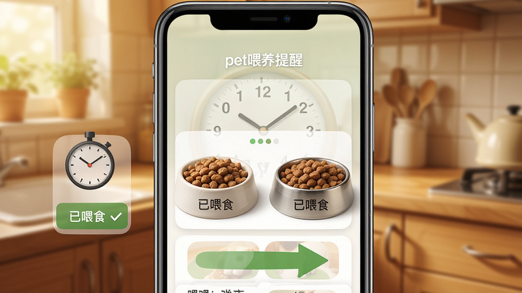onlypet喂养提醒界面,手机屏幕上显示一碗猫粮和一碗狗粮并列,旁边有定时器图标和“已喂食”按钮,背景是暖色调的厨房一角,布局以图标和文字卡片为主,排版简洁,采用写实风格,细节包括食物颗粒和时钟指针,画质清晰干净