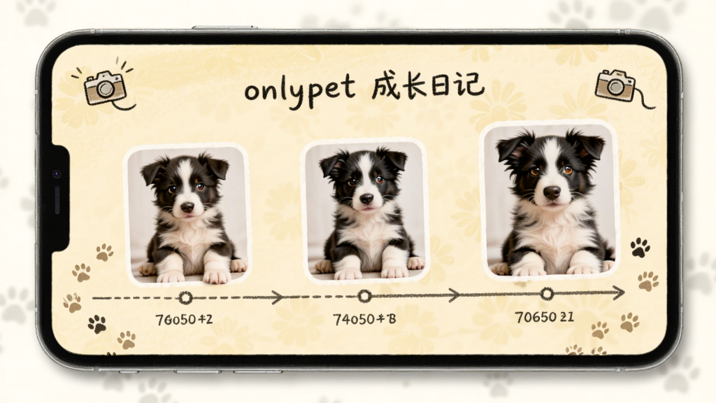 onlypet成长日记页面,屏幕上展示一只边牧犬从幼犬到成年的照片时间轴,背景是淡黄色底纹,布局以时间线为主,排版优雅,采用手绘风格,细节包括脚印和相机图标,画质柔和干净