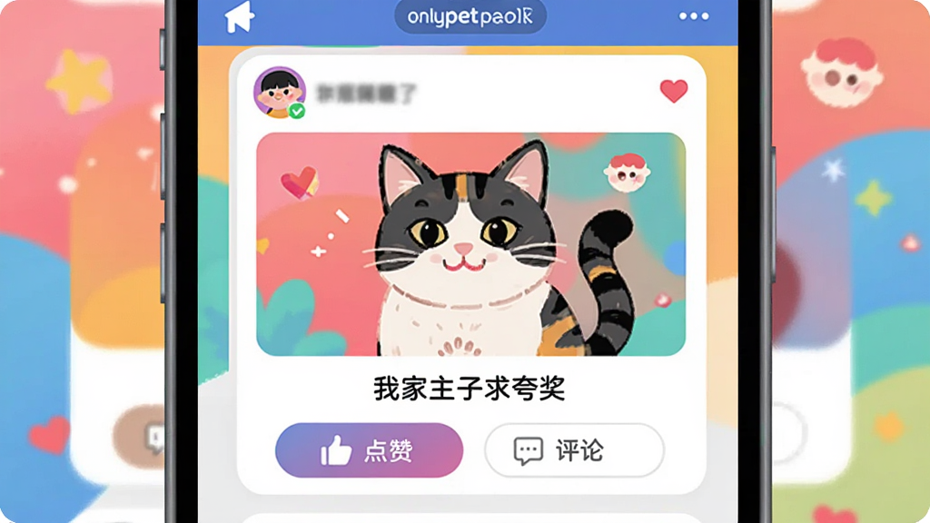onlypet社区界面,屏幕上展示一张猫咪照片配文“我家主子求夸奖”,下方有点赞和评论按钮,背景是多彩的社交风格界面,布局以信息流卡片为主,排版活泼,采用扁平化插画风,细节包括头像和爱心图标,画质鲜艳干净