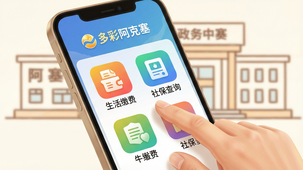 主体:多彩阿克塞APP民生服务功能使用场景插画;布局:前景为一只手正在点击手机屏幕上的服务图标,背景为阿克塞县政务服务中心的简化建筑轮廓;排版:手机屏幕特写占据画面主体,背景建筑以线条勾勒,虚实结合;风格:温馨写实风格,色彩温暖明亮,体现服务的贴心与便利;细节:手机屏幕显示“生活缴费”、“社保查询”等彩色图标,并带有“多彩阿克塞”标识;画质:细腻清晰,干净无多余元素