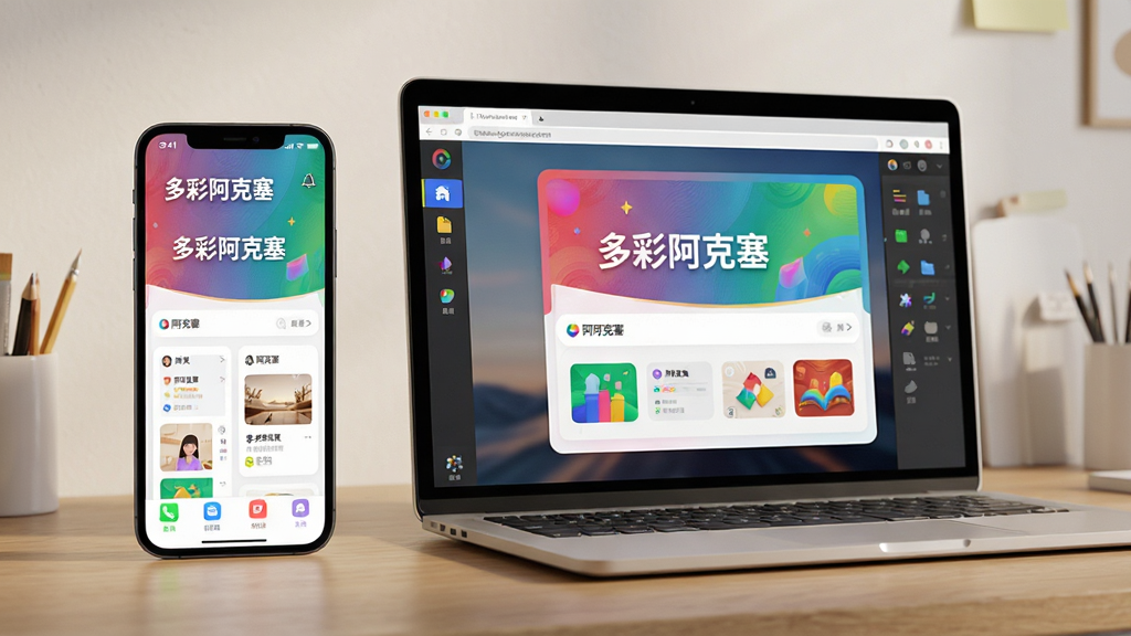 主体:多彩阿克塞APP在手机和电脑上运行的双屏展示图;布局:左侧为手机竖屏显示APP界面,右侧为笔记本电脑屏幕显示模拟器中的APP界面;排版:两部设备并排摆放,背景为简洁的工作台面,光线柔和;风格:写实产品渲染风格,注重细节表现;细节:手机与电脑屏幕均清晰显示“多彩阿克塞”主界面,界面色彩鲜艳;画质:4K高清,干净无多余元素