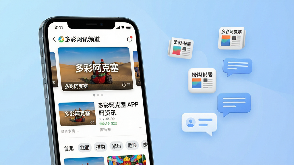 主体:多彩阿克塞APP新闻资讯频道页面截图风格展示图;布局:画面中央为一部手机,手机屏幕展示资讯列表,上方为新闻大图轮播,下方为分类标签;排版:手机位于画面中心偏左,右侧点缀漂浮的新闻图标和对话框元素,背景为柔和的蓝色渐变;风格:清新简洁的UI设计风格,突出信息流的清晰易读;细节:屏幕内新闻缩略图带有“多彩阿克塞”字样水印,列表文字清晰可辨,配图色彩丰富;画质:高清渲染,干净无多余元素