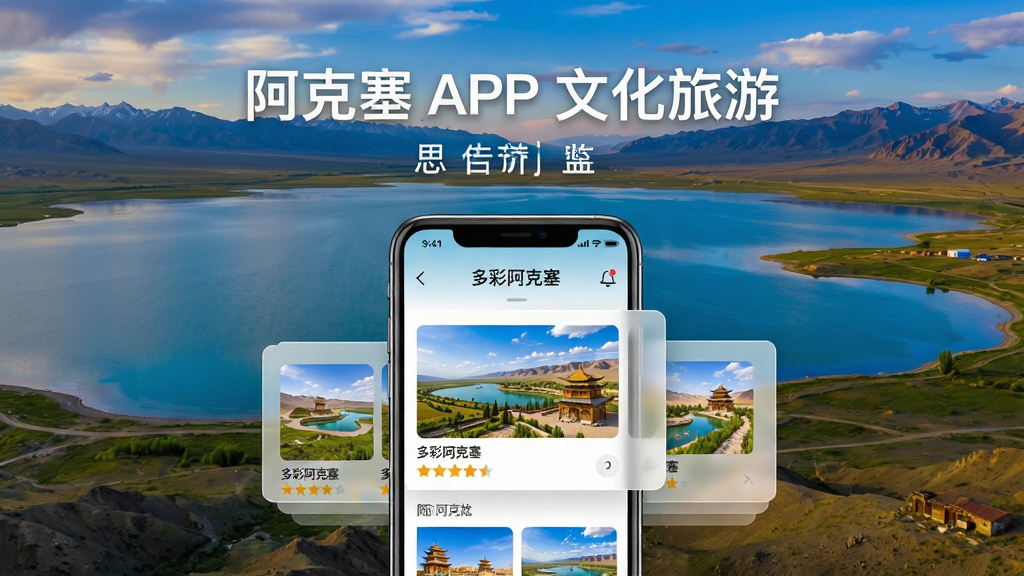 主体:多彩阿克塞APP文化旅游板块宣传图;布局:画面以阿克塞著名的苏干湖为背景,前景为手机屏幕展示旅游攻略页面,屏幕中浮现出景点介绍的半透明卡片;排版:自然风光占据大面积背景,手机屏幕悬浮于画面下方三分之一处;风格:大气磅礴的风景与精致的UI结合,色彩浓郁,充满旅行氛围;细节:手机屏幕上的景点图片清晰,并配有“多彩阿克塞”字样和星级评分;画质:高清摄影级画质,干净无多余元素